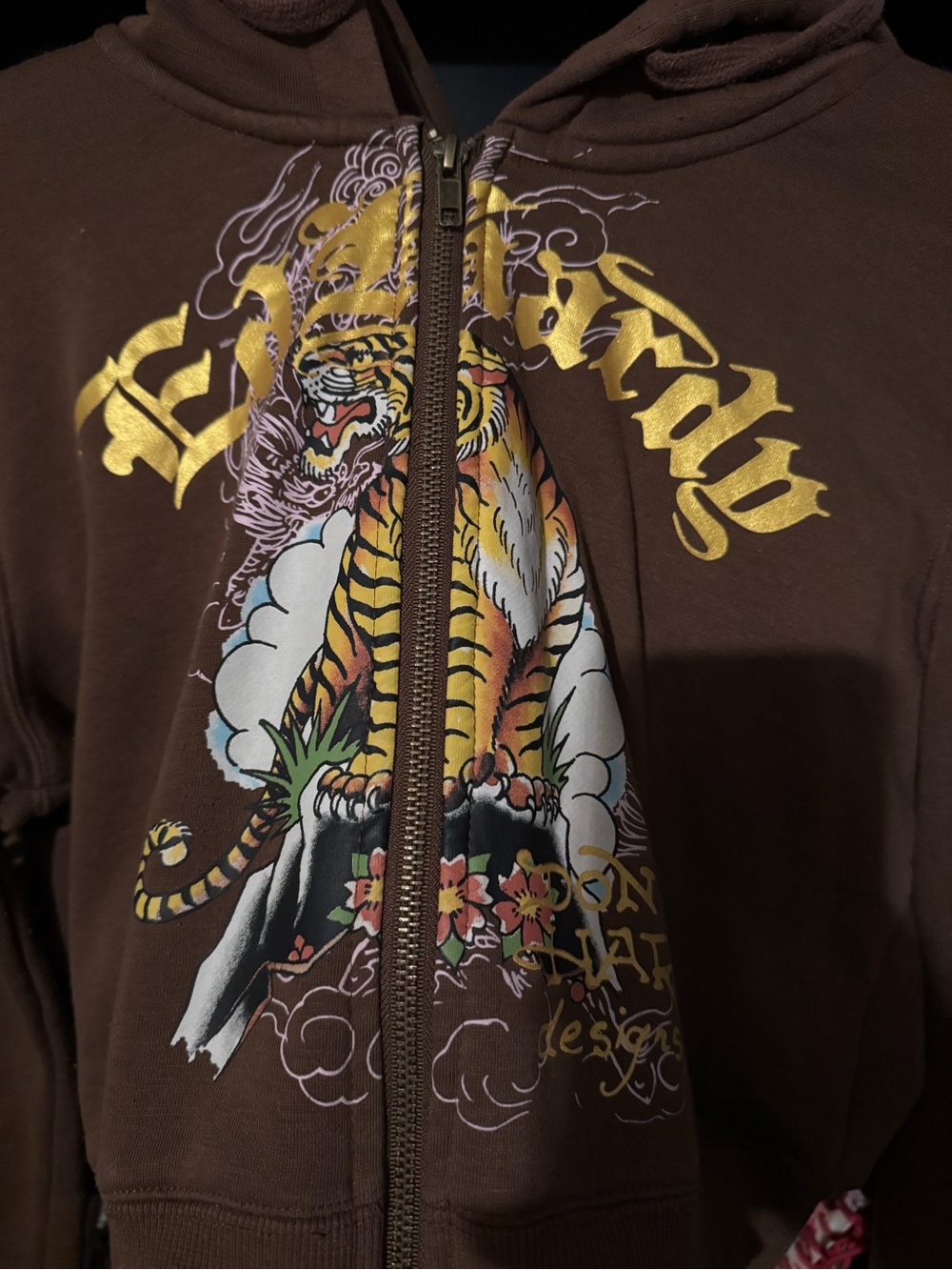Ed Hardy Brown Zip-Up Hoodie with Tiger Graphic